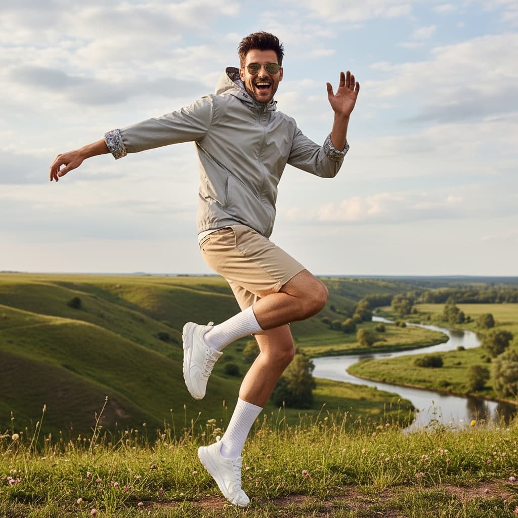 Light Gray Jacket With A Hood, Paired With Beige Shorts, White Socks, And Athletic Shoes, Completed With Sunglasses.
