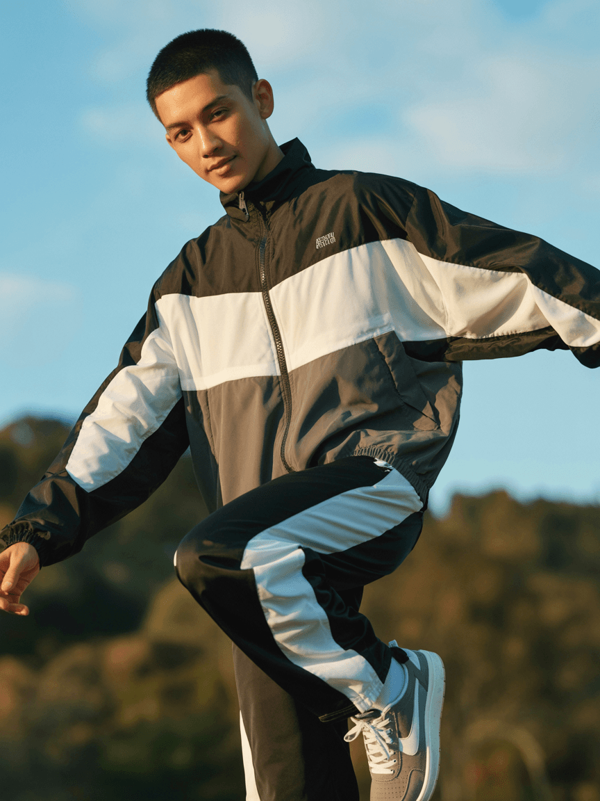 Color-Blocked Athletic Jacket In Black, White, And Gray, With Matching Pants And Sneakers.