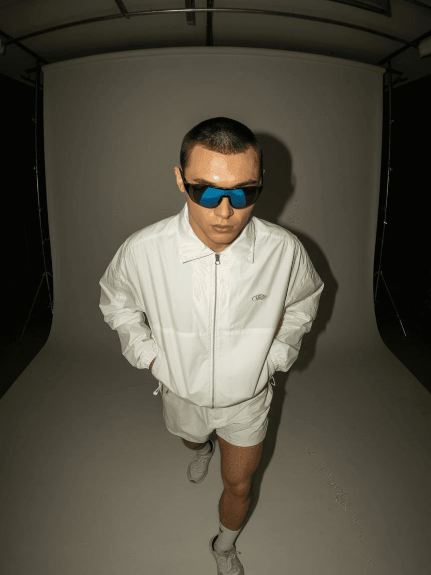 White Athletic Jacket And Shorts Set, Paired With White Socks And Sneakers, With Blue Reflective Sunglasses.