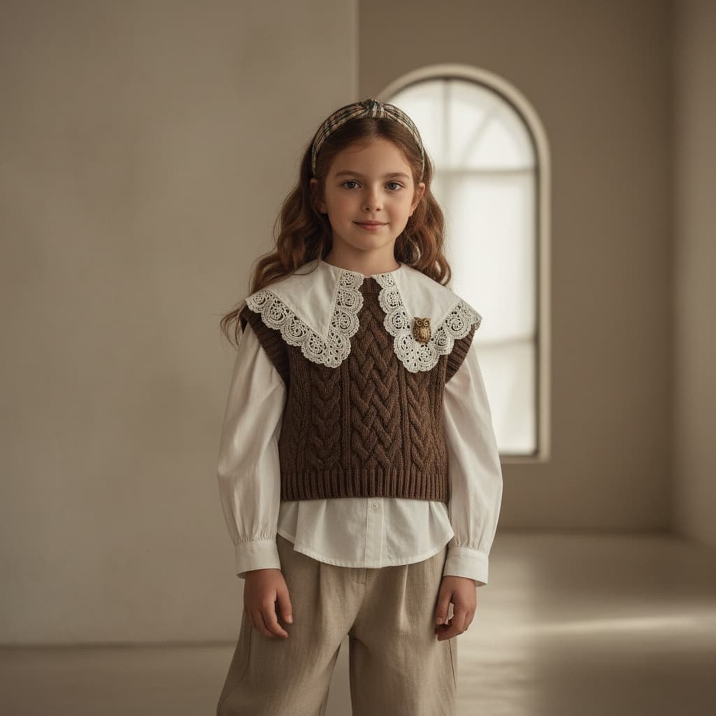 Brown Knitted Vest Over A White Blouse With Lace Collar, Paired With Beige Pants And A Plaid Headband.