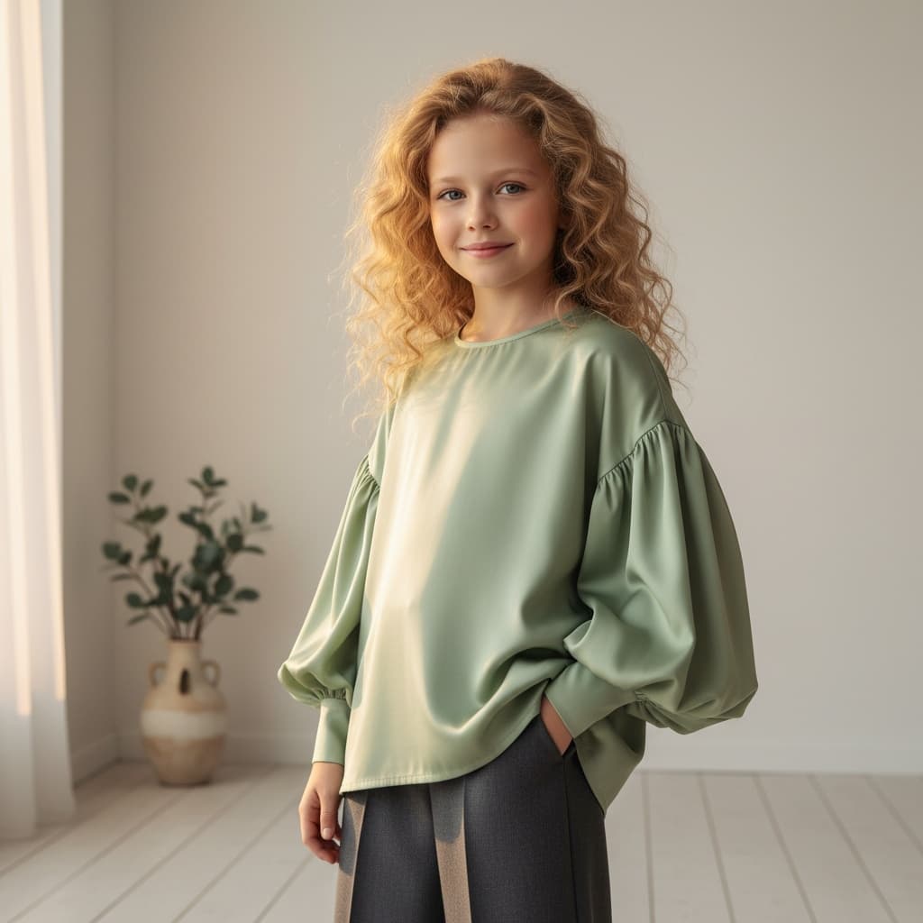 Light Green Oversized Blouse With Puffed Sleeves, Paired With Gray Pants.