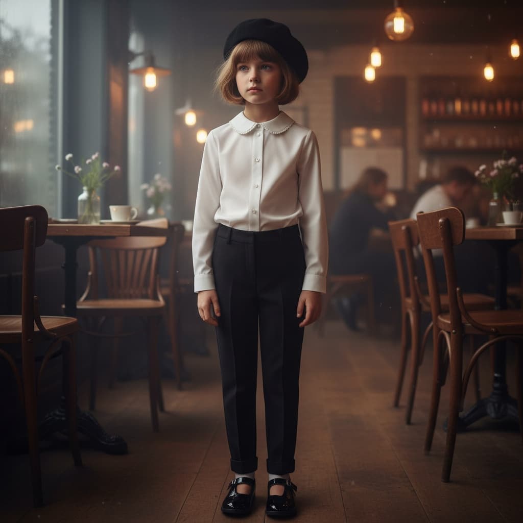 White Shirt With A Small Collar, Paired With Black Trousers, A Black Beret, And Black Shoes.