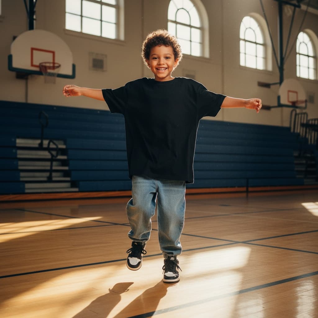 Black Oversized T-Shirt Paired With Baggy Blue Denim Pants And Black And White Sneakers, Creating A Relaxed