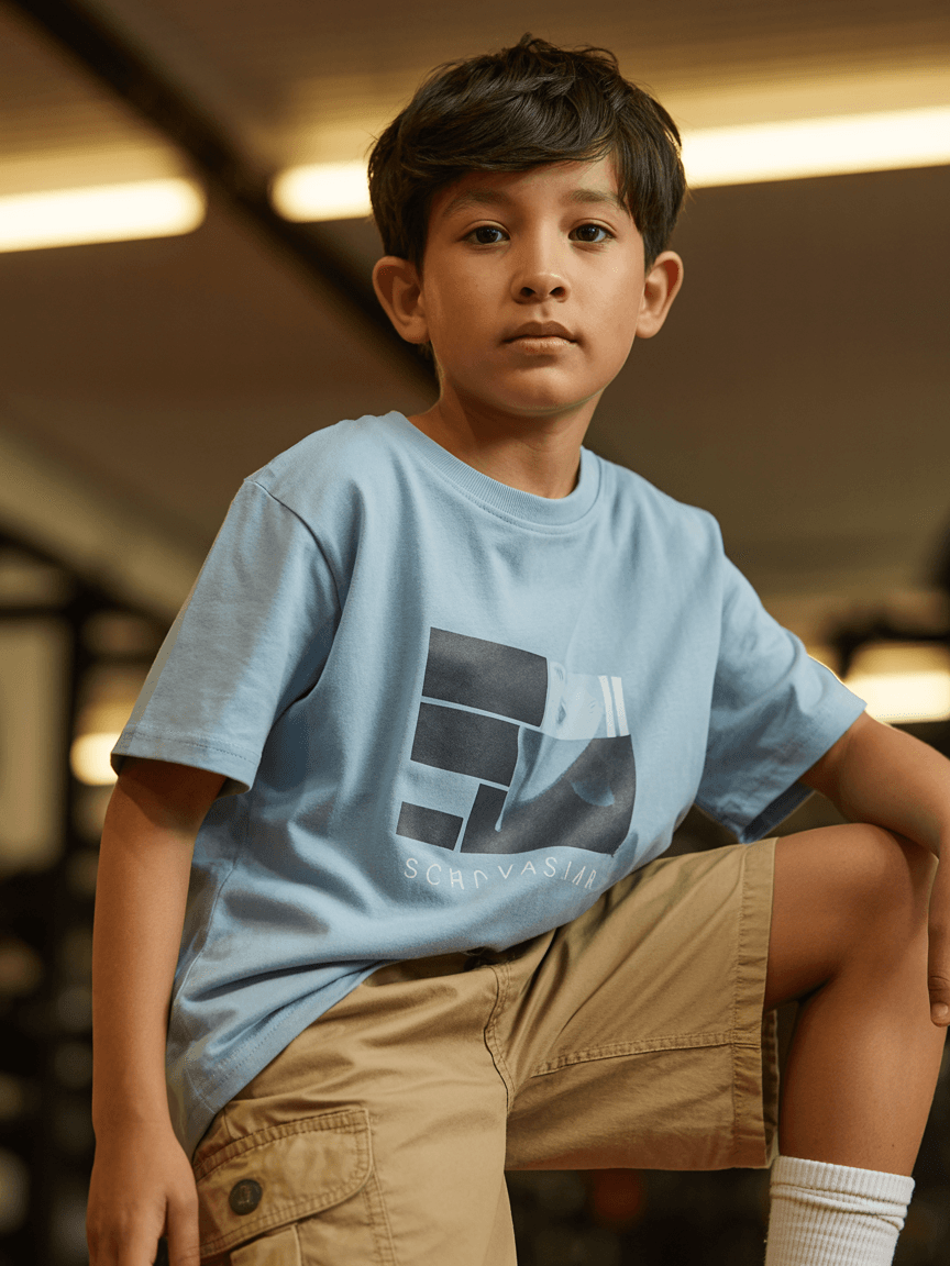 Light Blue T-Shirt With A Graphic Print, Paired With Khaki Cargo Shorts And White Sneakers