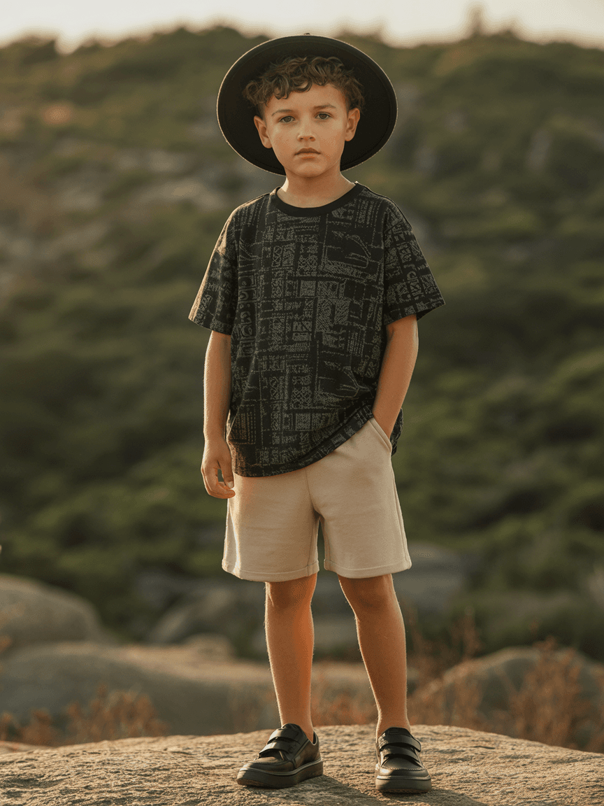 Black Graphic T-Shirt Paired With Beige Shorts And A Black Cap, Giving A Casual