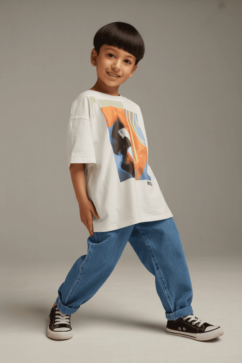 White Oversized T-Shirt With A Colorful Graphic Print, Paired With Blue Denim Jeans And Black And White Sneakers