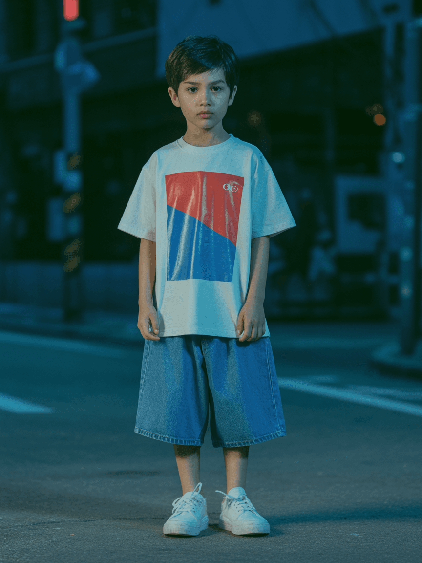 A White T-Shirt With A Red And Blue Graphic Print, Paired With Blue Denim Shorts And White Shoes