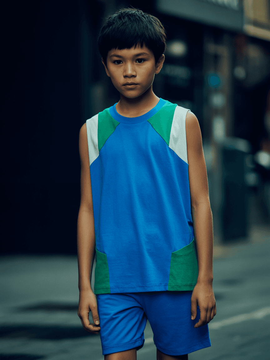 Blue Sleeveless T-Shirt With Green And White Accents, Paired With Matching Blue Shorts