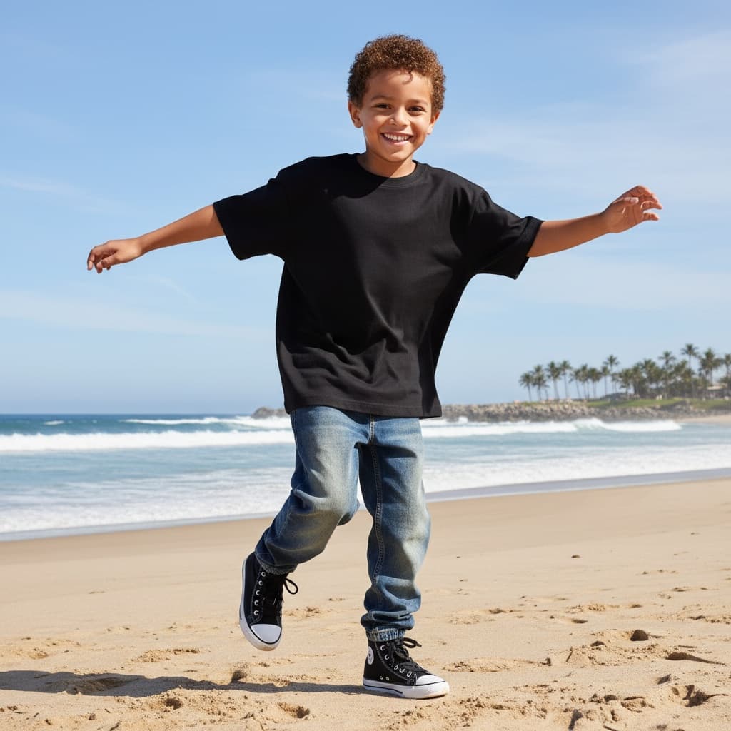 Black Oversized T-Shirt Paired With Baggy Denim Jeans And Black Sneakers, Creating A Relaxed And Casual Streetwear Look.