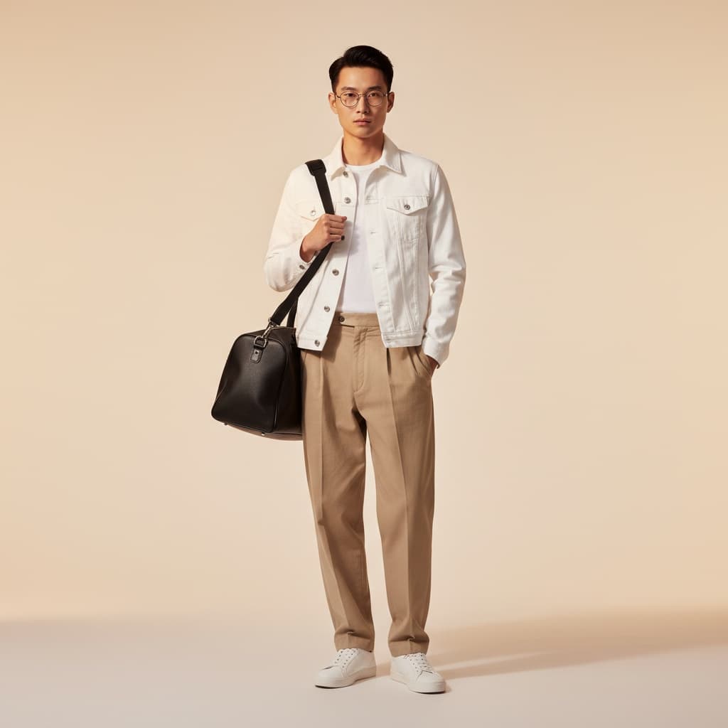 White Jacket, Beige Pants, And White Sneakers, Holding A Black Bag.