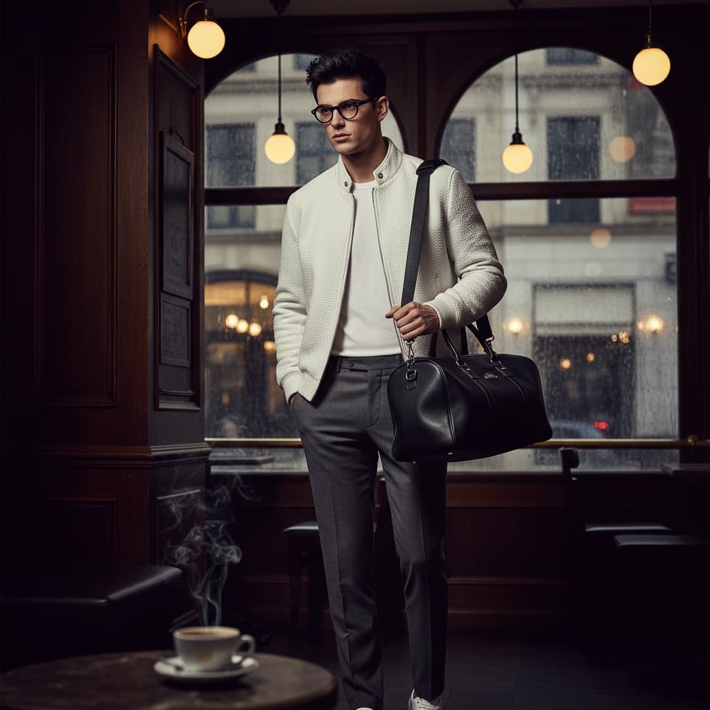 White Jacket, Gray Trousers, And White Sneakers, Holding A Black Bag.