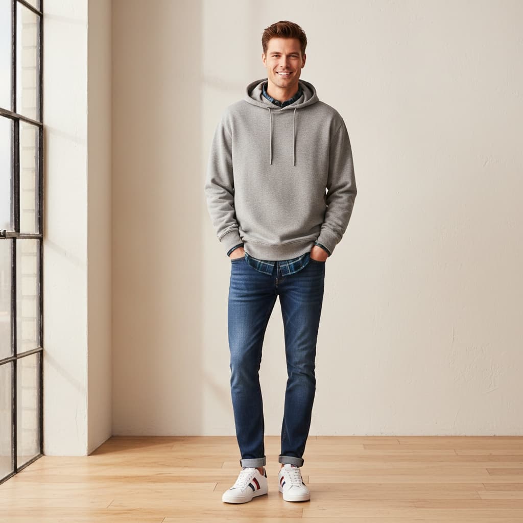 Pink Jacket, Black Striped Pants, Black Shoes, And A Black Cap.