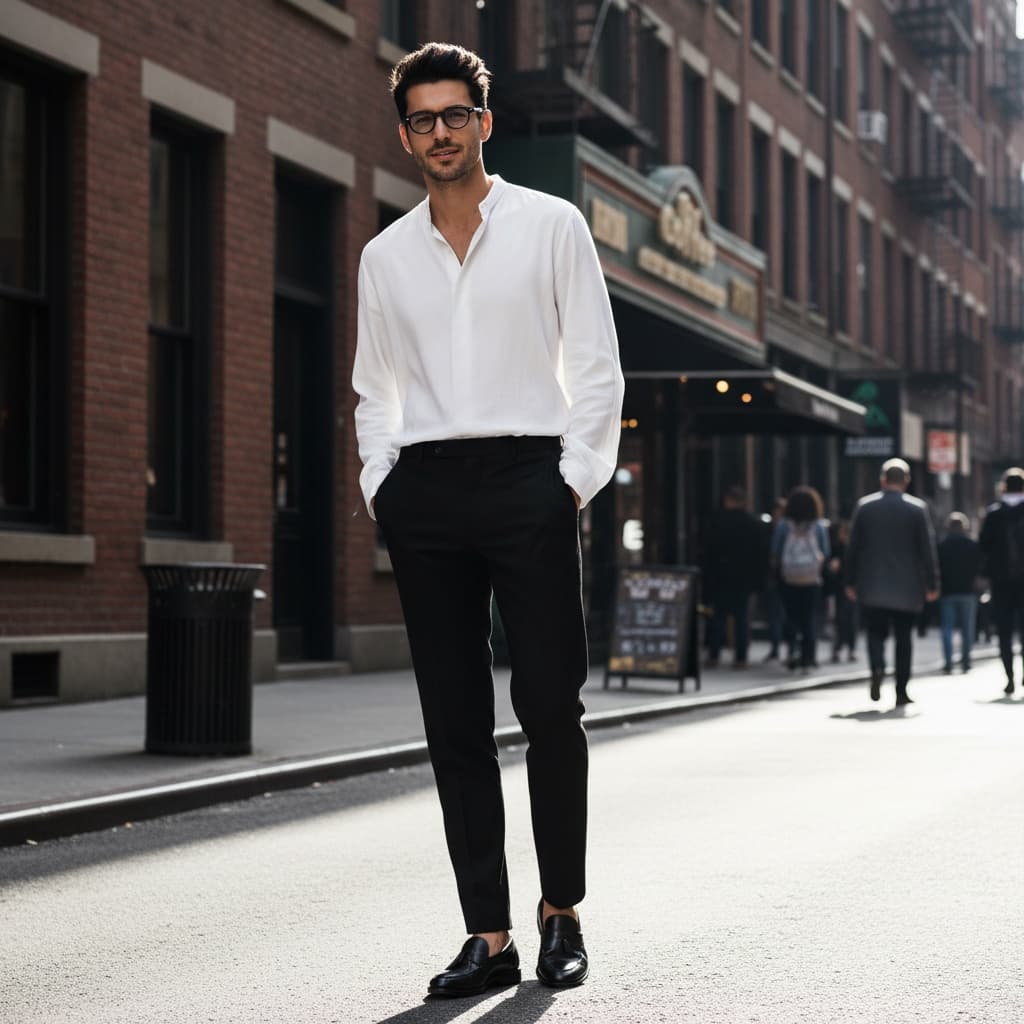 White Long-Sleeve Shirt, Black Trousers, And Black Shoes.