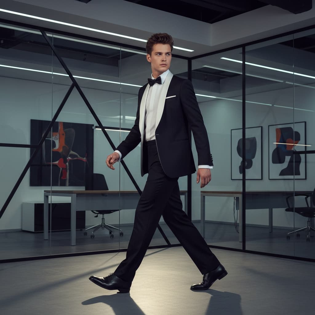 Black And White Tuxedo With A Bow Tie And Pleated Pants, Paired With Black Shoes.
