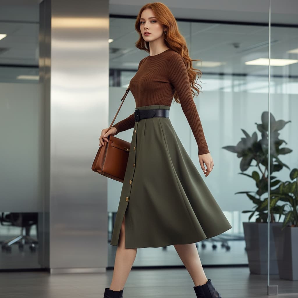 Brown Long-Sleeve Top, Green Skirt With Buttons, Brown Handbag, And Black Belt.