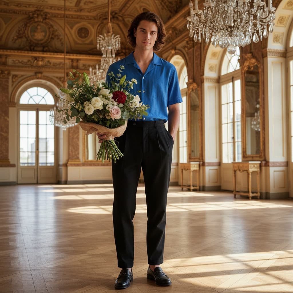 Blue Short-Sleeve Shirt, Black Pleated Pants, And Black Shoes, Holding A Bouquet Of Flowers.
