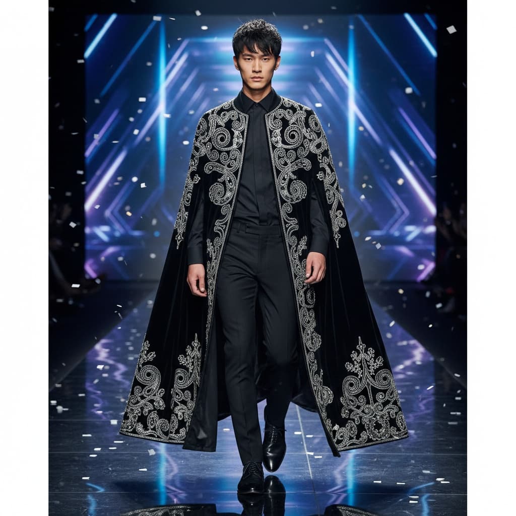 Black Velvet Cape With Intricate Silver Embroidery, Paired With A Black Shirt And Black Pants, With Black Dress Shoes.