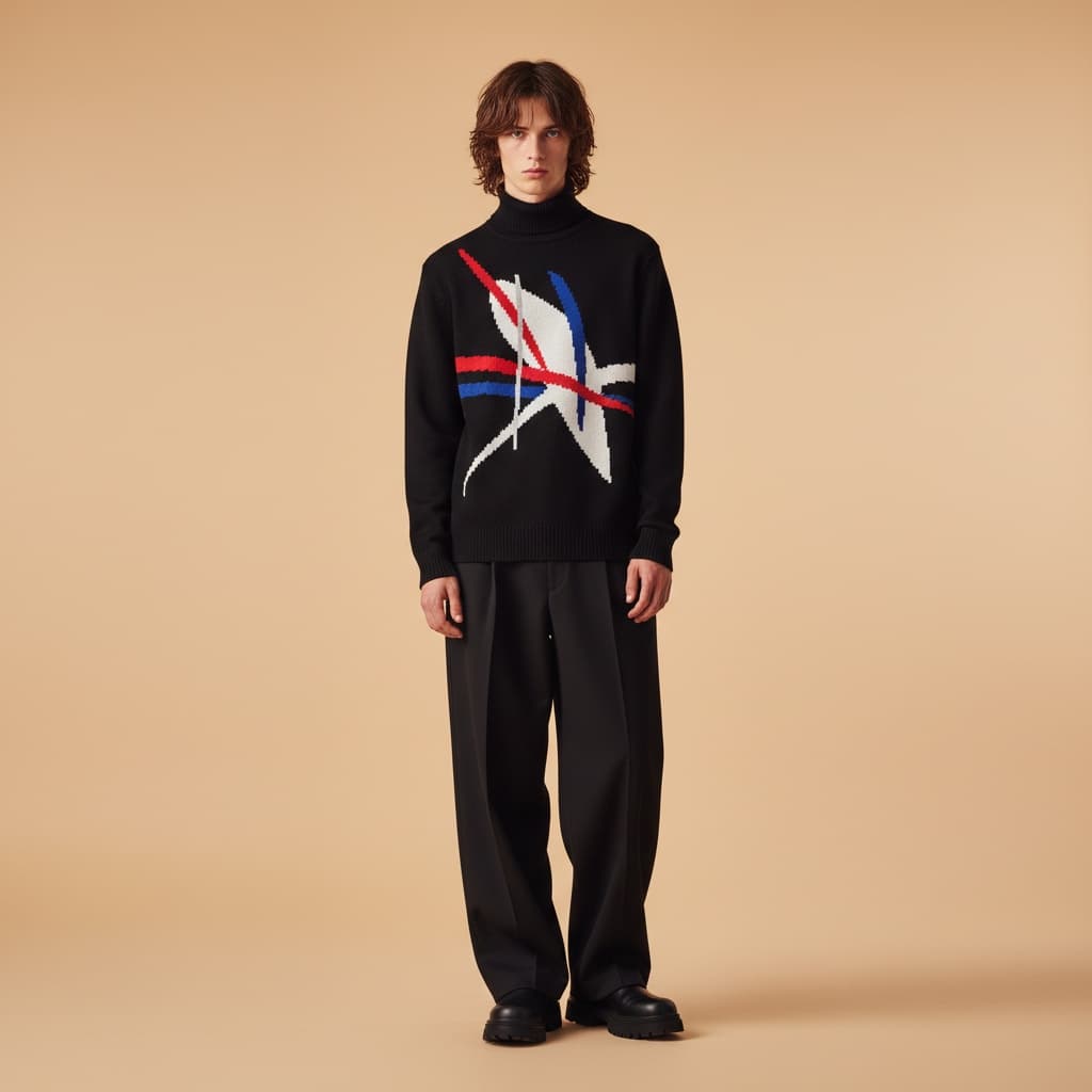 Black Turtleneck Shirt With Graphic Print, Black Loose Trousers, And Black Chunky Shoes.