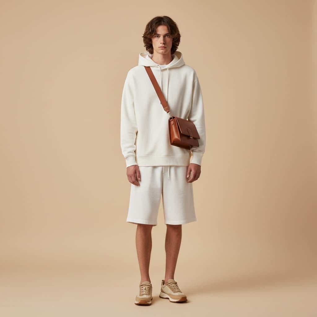 White Oversized Hoodie, White Shorts, Beige Sneakers, With A Brown Handbag. Third Image: