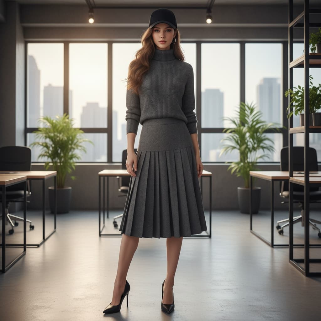 Black Cap, Gray Turtleneck Shirt, Gray Skirt, And Black Heels.