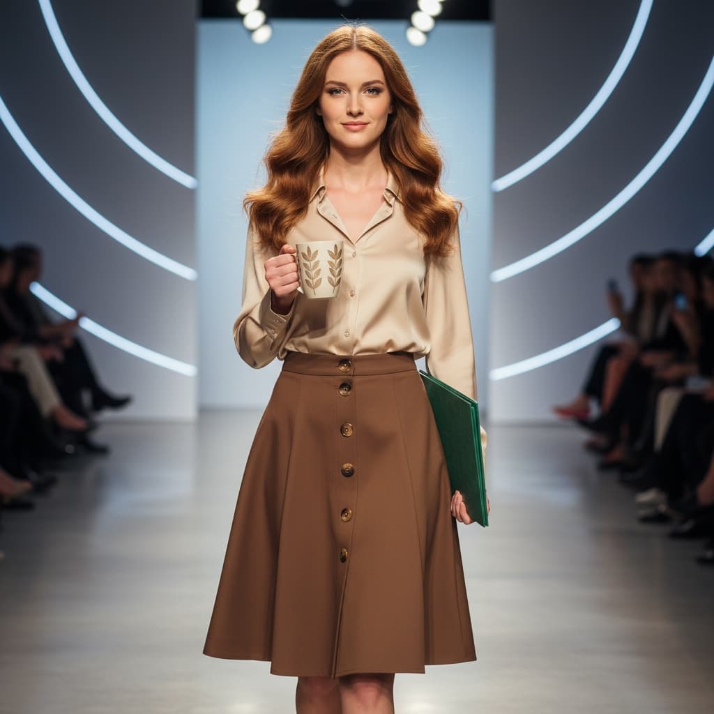 Beige Long-Sleeve Blouse, Brown Skirt With Buttons, Holding A Coffee Mug, And A Green Folder.