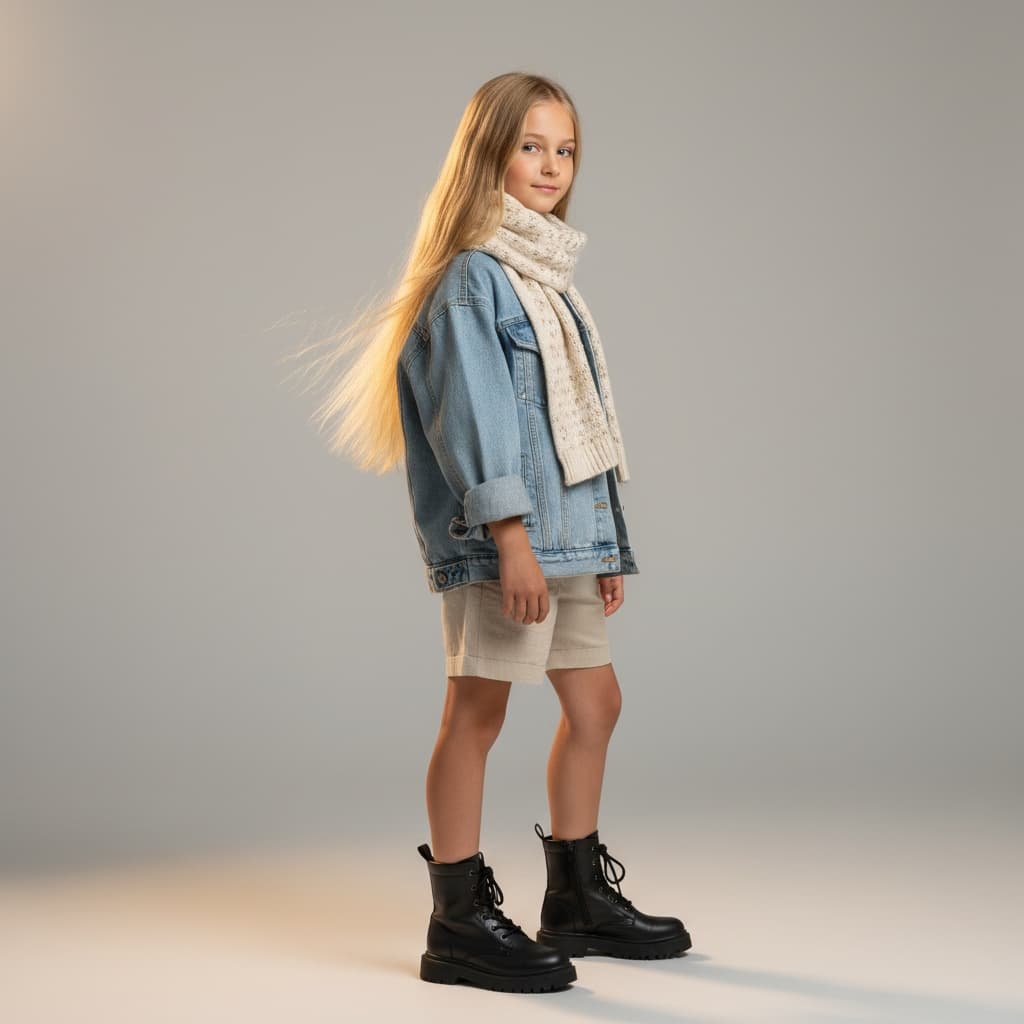 Oversized Blue Denim Jacket With Beige Shorts, Black Boots, And A Neutral-Colored Scarf.
