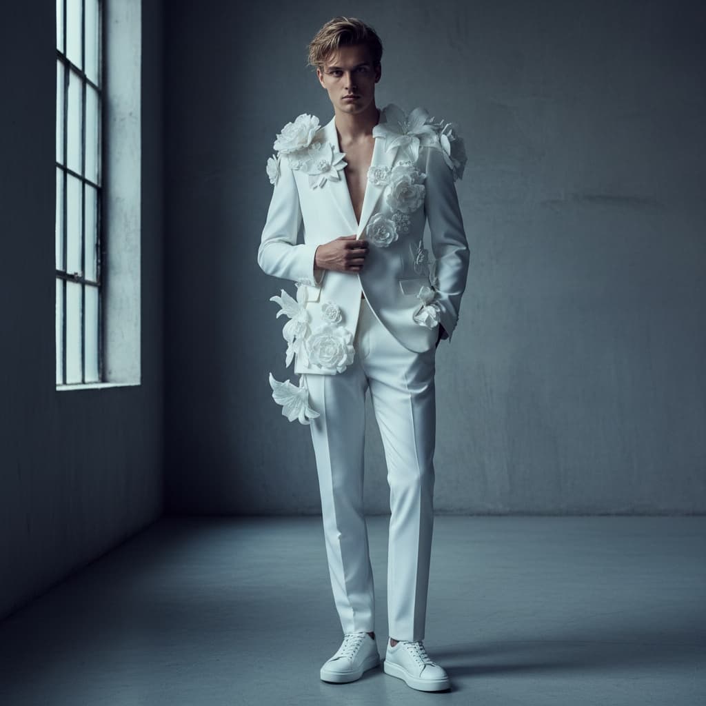 White Suit With Large Floral Appliqué On The Shoulders And Chest, Paired With White Sneakers.