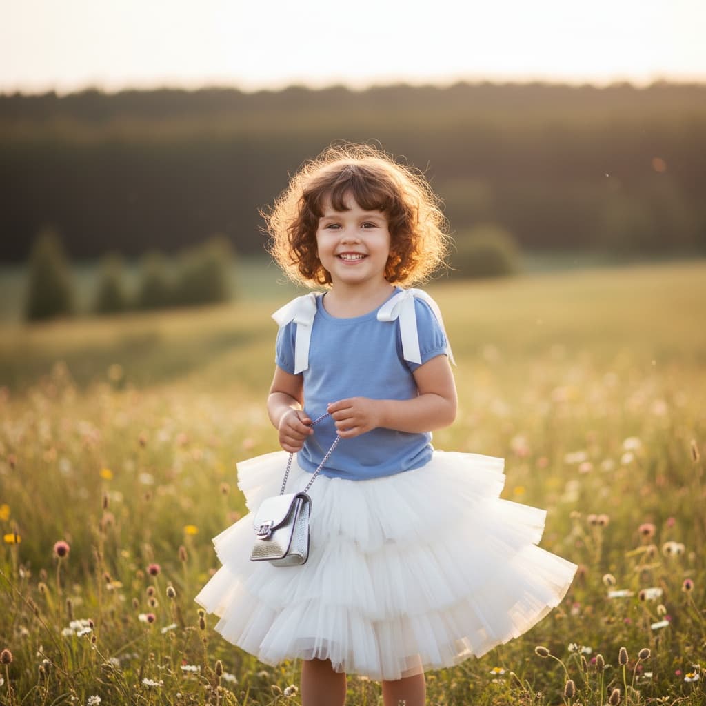 Light Blue Top With White Ribbons, White Ruffled Skirt, And Silver Handbag.