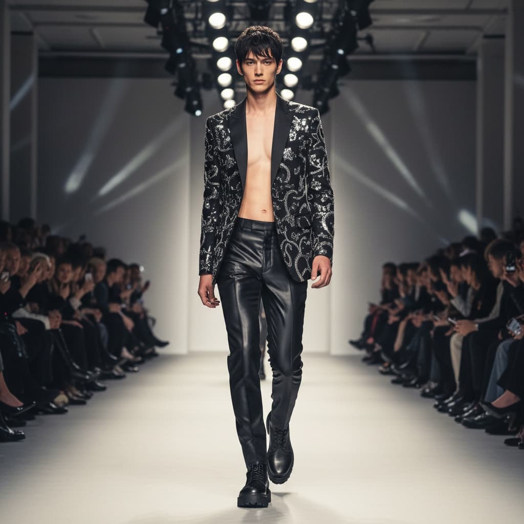 Black And Silver Embellished Suit With A Deep V-Neck And Shiny Black Pants, Paired With Black Boots.