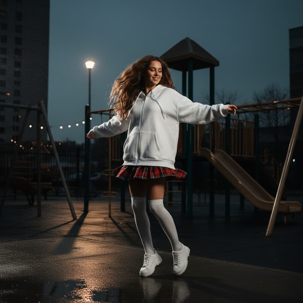 White Zip-Up Hoodie, Plaid Skirt, White Socks, And White Sneakers.