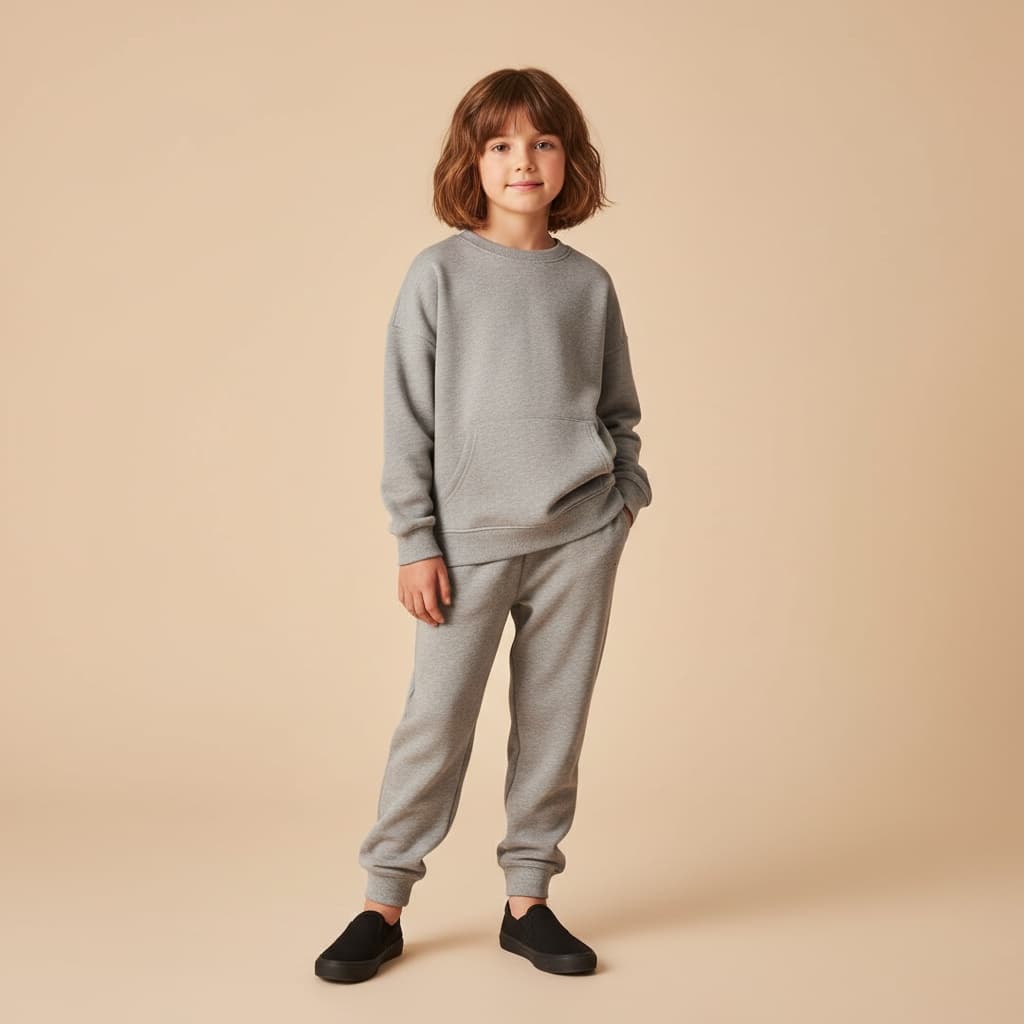 Grey Sweatshirt With A Pocket, Matching Grey Sweatpants, And Black Slip-On Shoes.