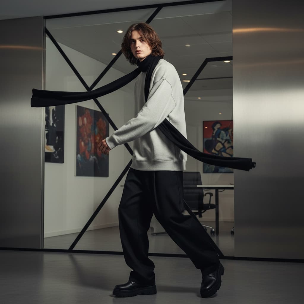 Grey Oversized Sweatshirt With Black Scarf, Black Loose Trousers, And Black Chunky Shoes.