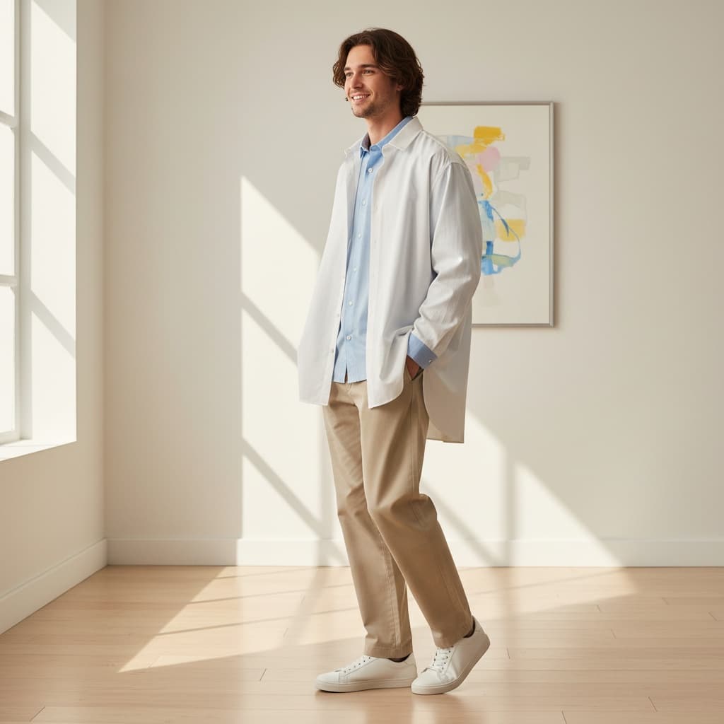 Striped Brown Shirt, White Collar, Black Pants, And Black Shoes, Holding A Brown Leather Bag.