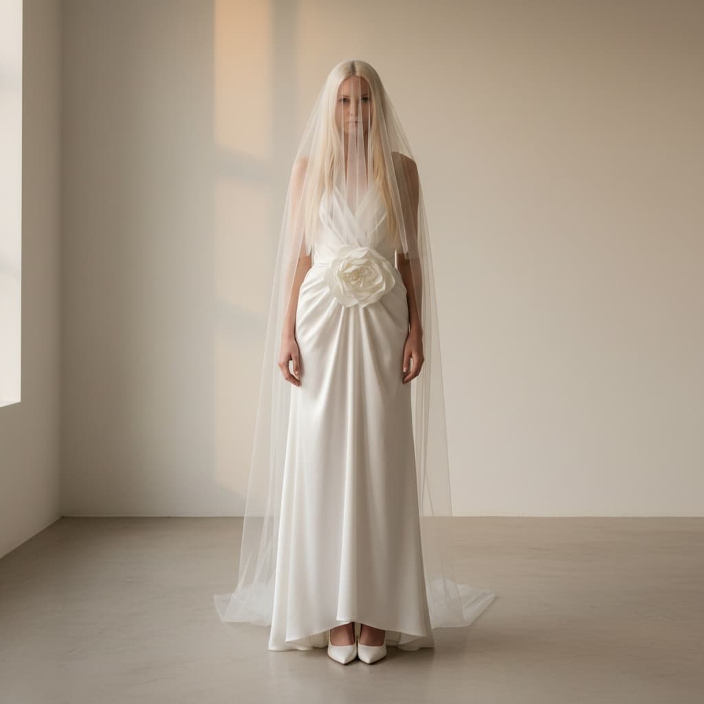 White Satin Gown With A Large Floral Embellishment On The Waist, Paired With A Veil And White Heeled Shoes.