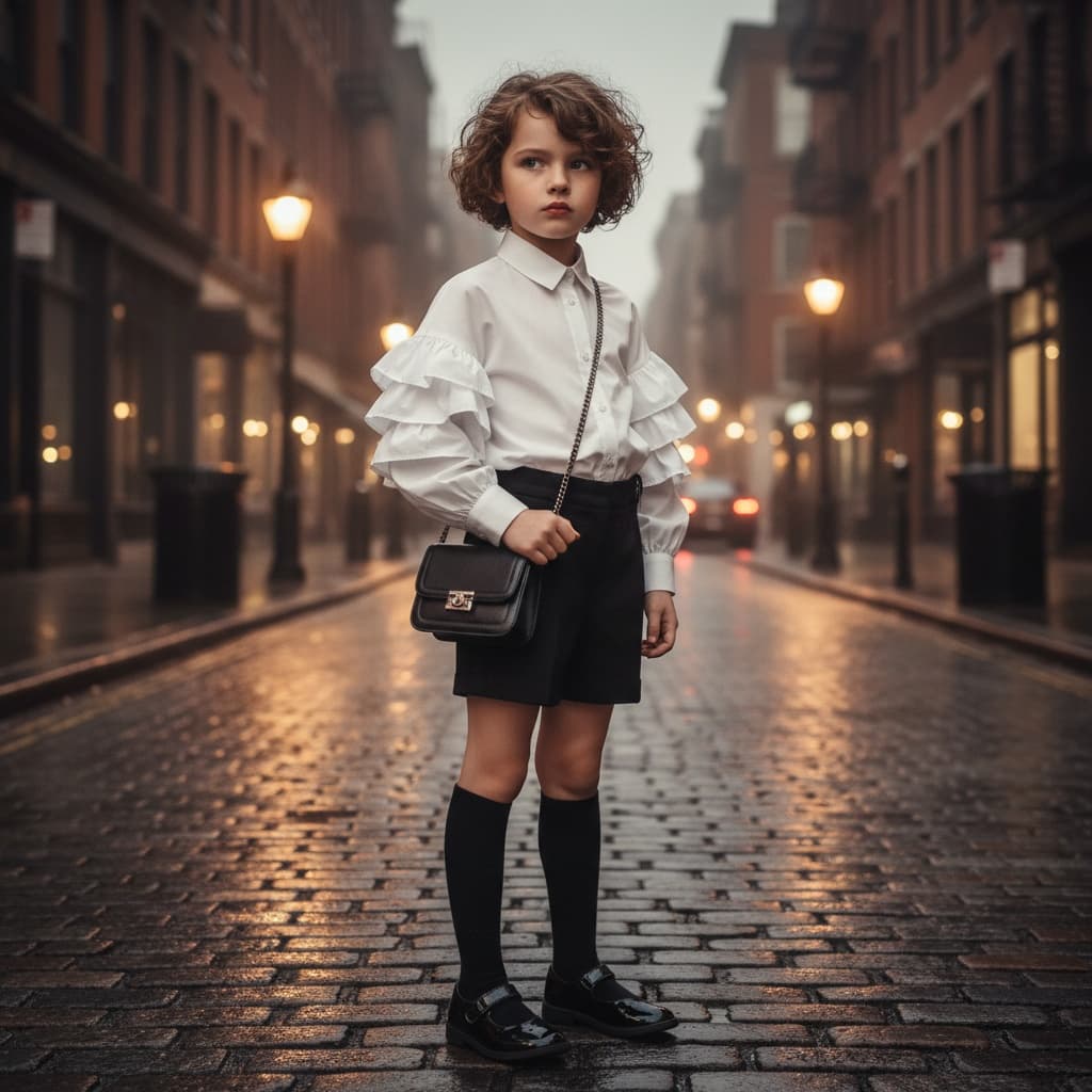 White Shirt With Ruffled Sleeves, Black Shorts, Black Knee-High Socks, And Shoes With A Small Bag.