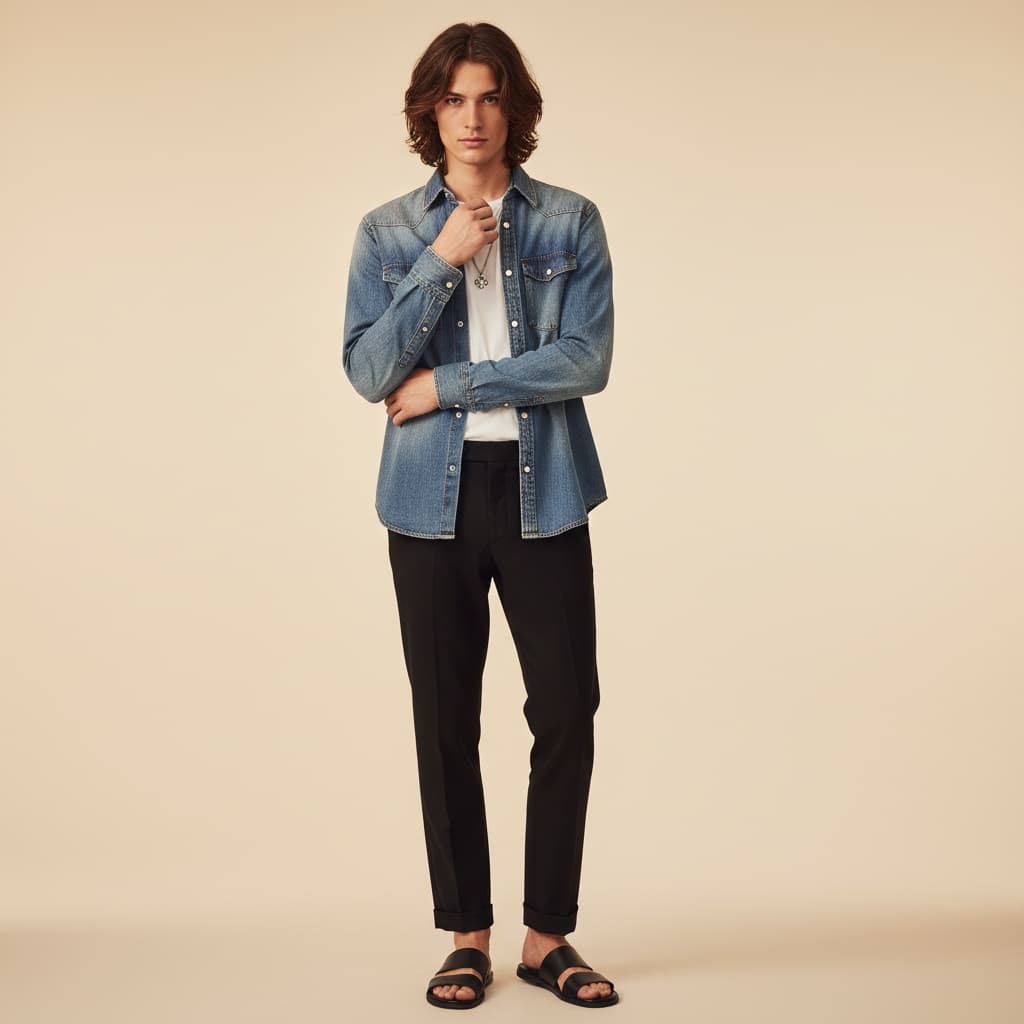 Blue Denim Button-Up Shirt, Black Pants, Black Sandals, And A Silver Necklace.