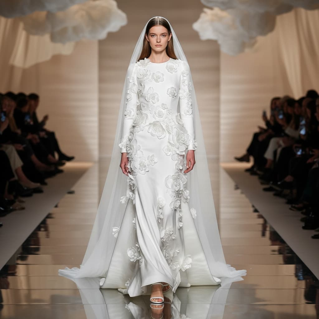 White Wedding Gown With Large Floral Appliqué, Paired With A Veil And White Heeled Shoes.