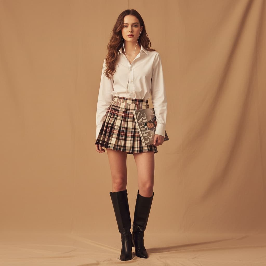 White Shirt, Plaid Skirt, Black Knee-High Boots, Holding A Magazine, With Earphones In.
