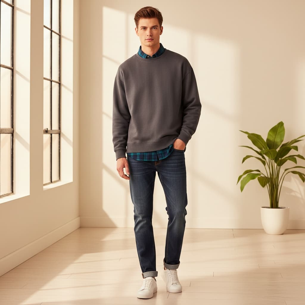 Gray Oversized Sweatshirt, Blue Plaid Shirt Underneath, Dark Jeans, And Sneakers.