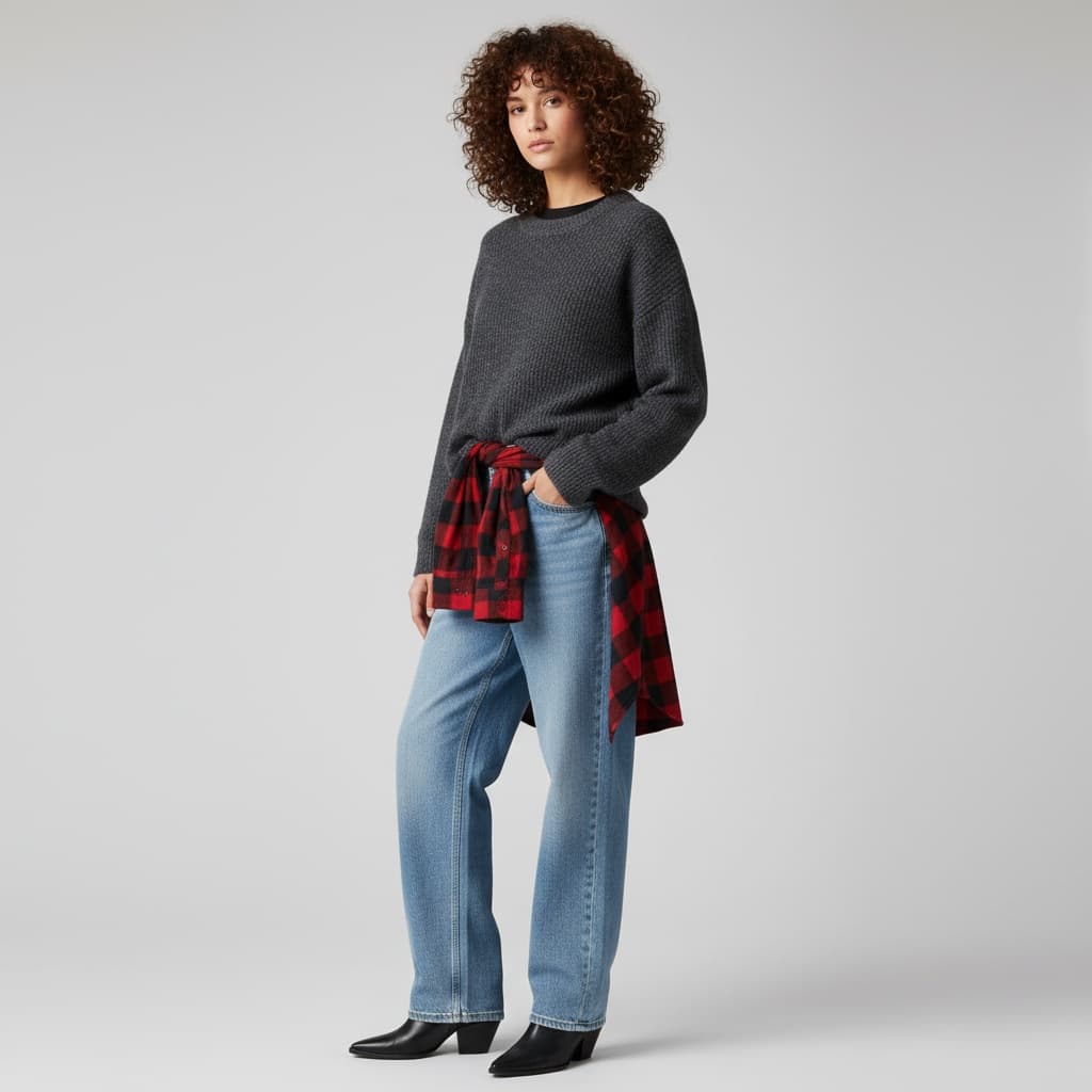 Gray Oversized Sweater, Black T-Shirt Underneath, Plaid Shirt Tied Around The Waist, Paired With Wide-Legged Jeans And Pointed Black Boots.