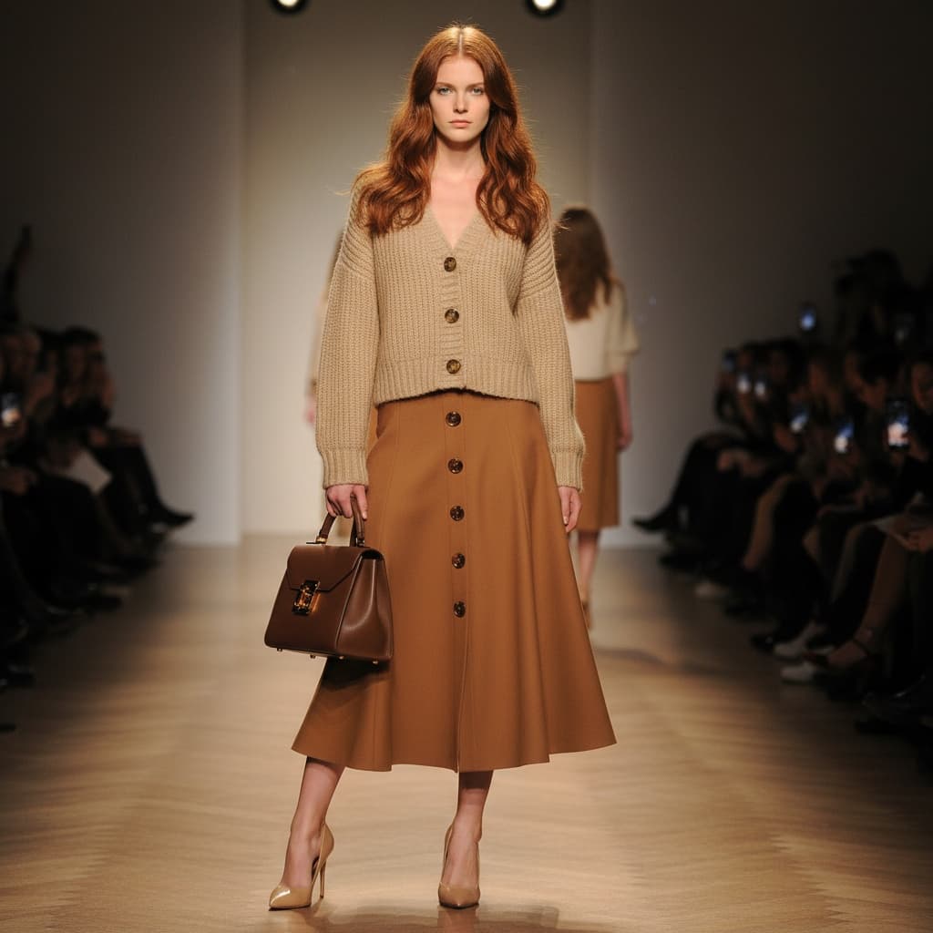 Beige Cardigan, Brown Skirt With Buttons, Beige Heels, Holding A Brown Handbag.