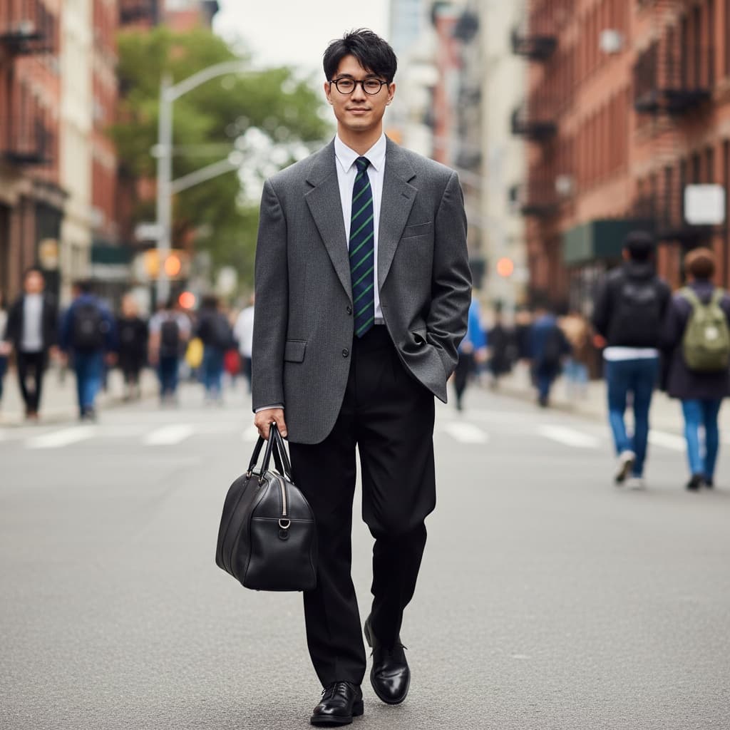 Gray Oversized Jacket, Striped Tie, Black Trousers, And Black Shoes, Holding A Black Bag.