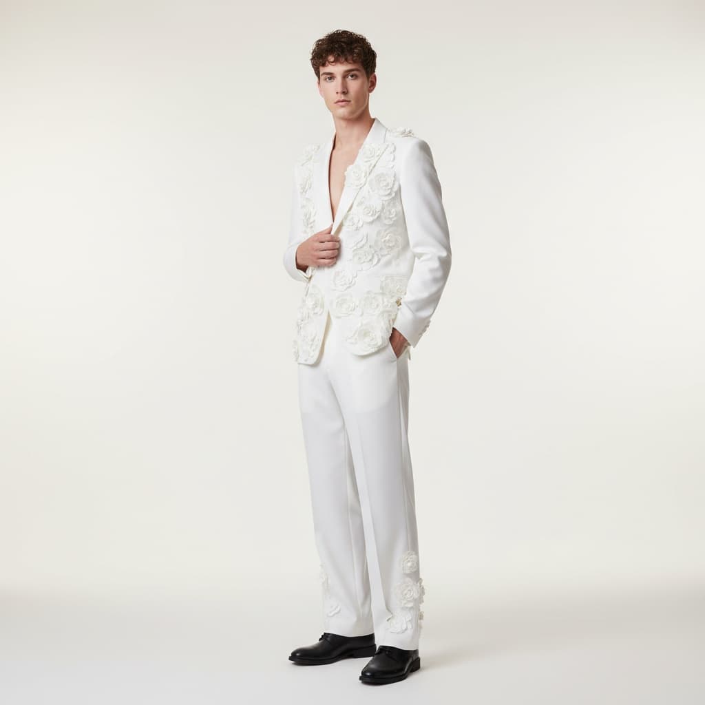 White Jacket With Flower Appliqué And Matching Pants, Paired With Black Shoes.