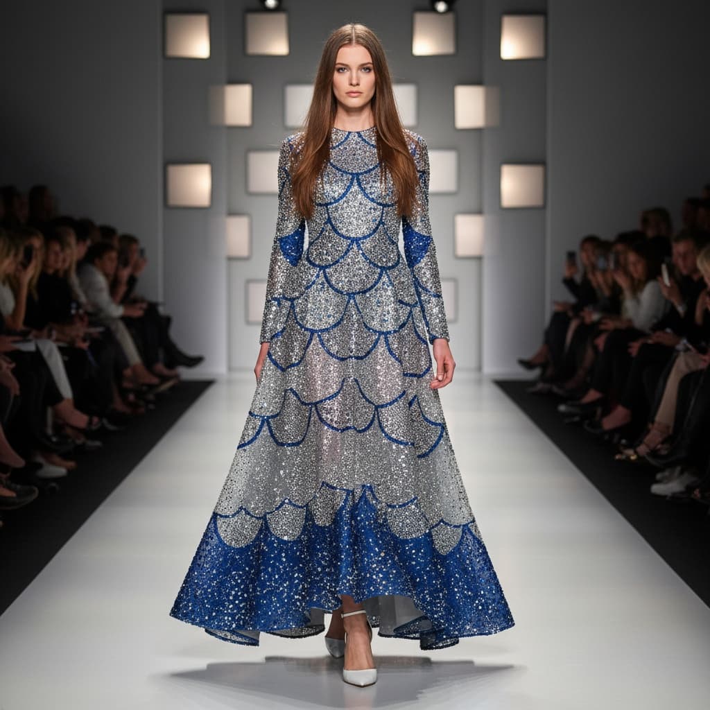 Silver And Blue Gown With Scalloped Layers And Rhinestones, Paired With White Heeled Shoes.