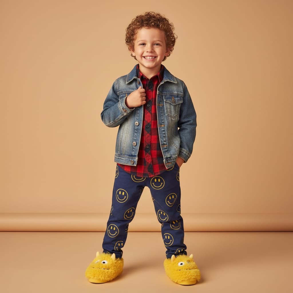 Denim Jacket With A Plaid Shirt Inside, Smiley Face Pants, And Yellow Slippers.