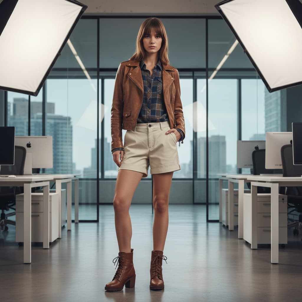 Brown Leather Jacket, Blue Plaid Shirt, Khaki Shorts, And Brown Boots.