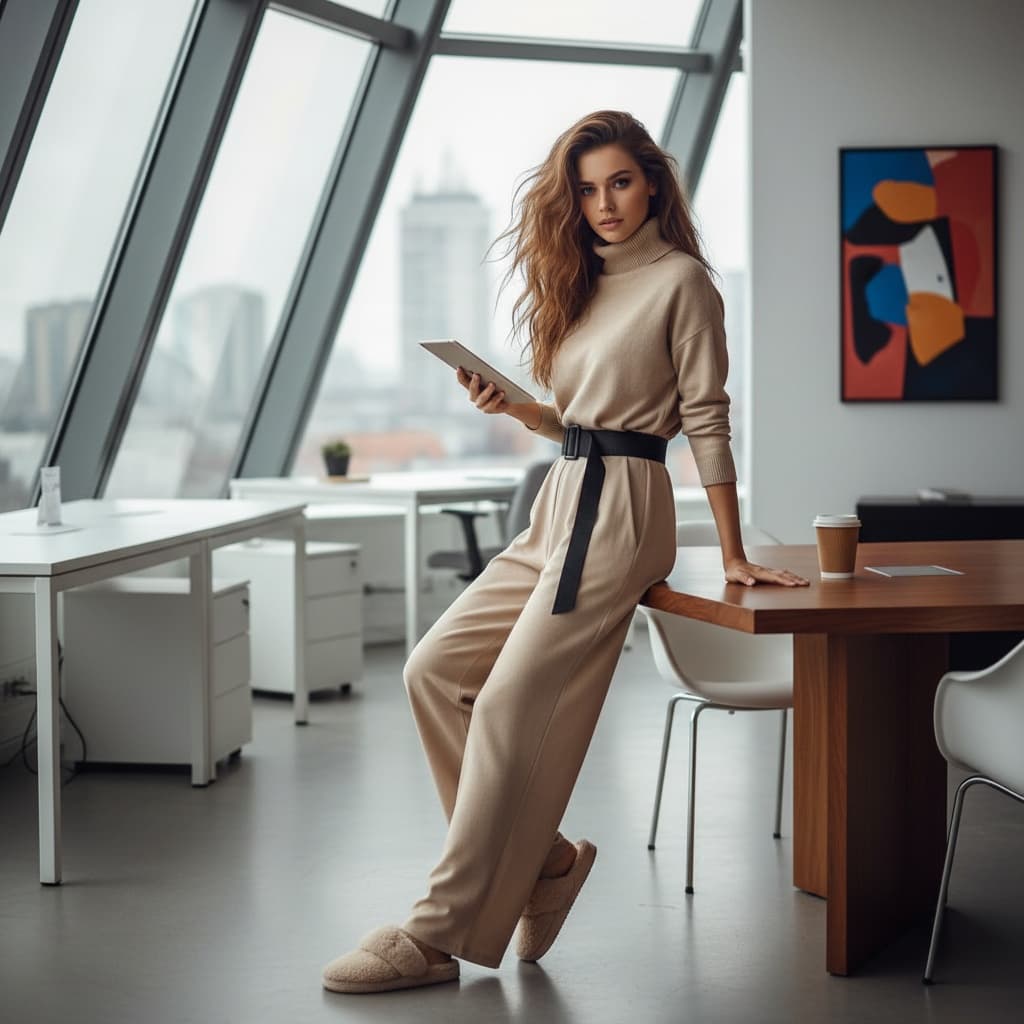 Beige Turtleneck Sweater Under A Beige Jumpsuit, Black Belt, And Fluffy Slippers.