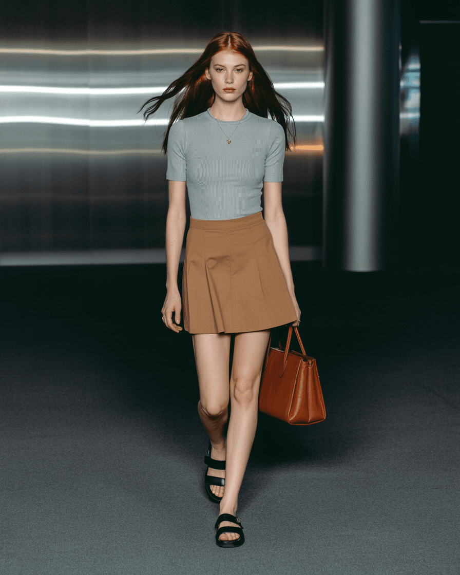 Gray Short-Sleeve Top, Tan Skirt, Black Sandals, Holding A Brown Handbag.
