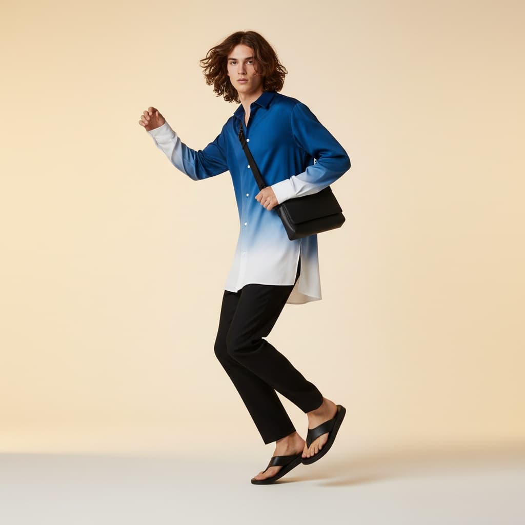 Blue And White Ombré Shirt, Black Pants, Black Flip-Flops, And A Black Bag.