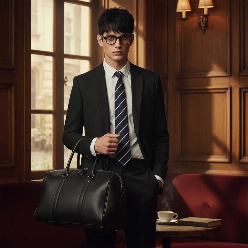 Black Jacket, Striped Tie, White Shirt, And Black Trousers, Holding A Black Bag.